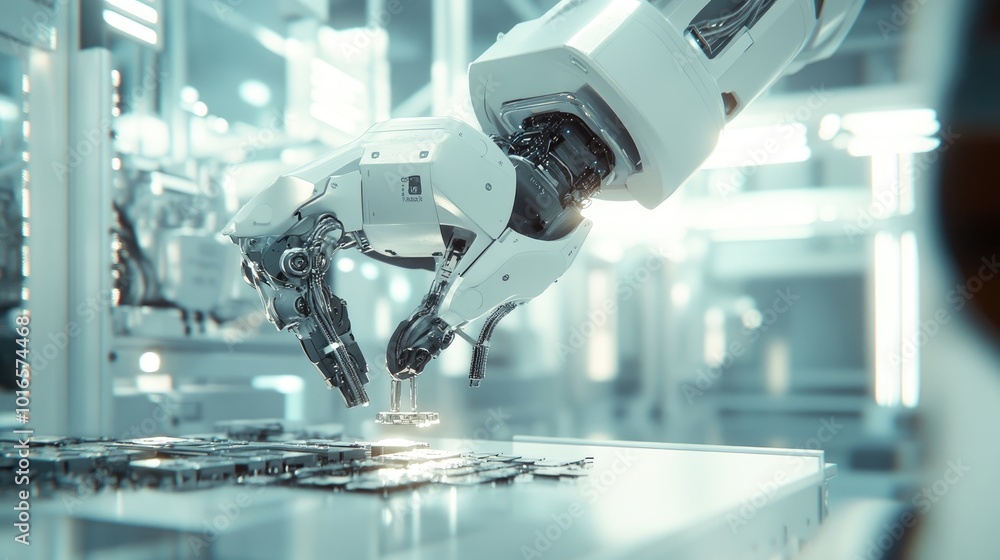 Aufkleber a close-up of a robotic arm assembling electronics in a clean, high-tech factory. perfect for high-r