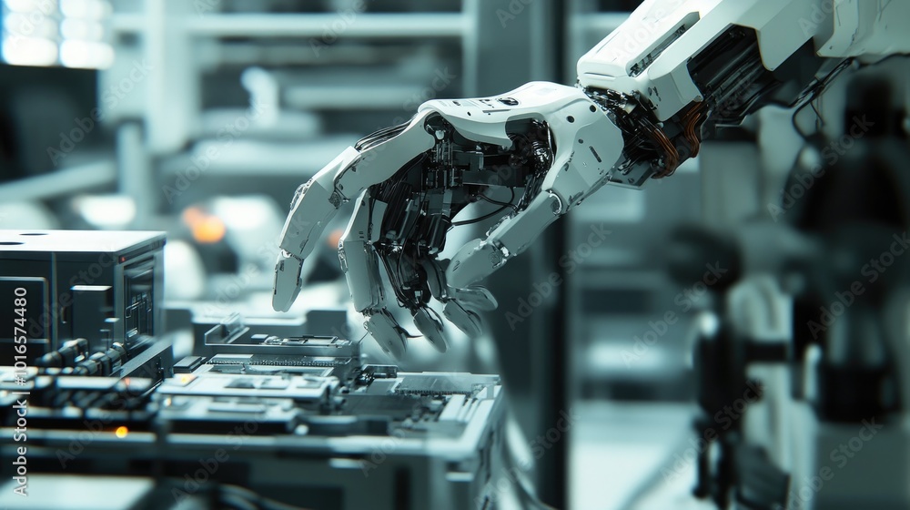 Poster a close-up of a robotic arm assembling electronics in a clean, high-tech factory. perfect for high-r