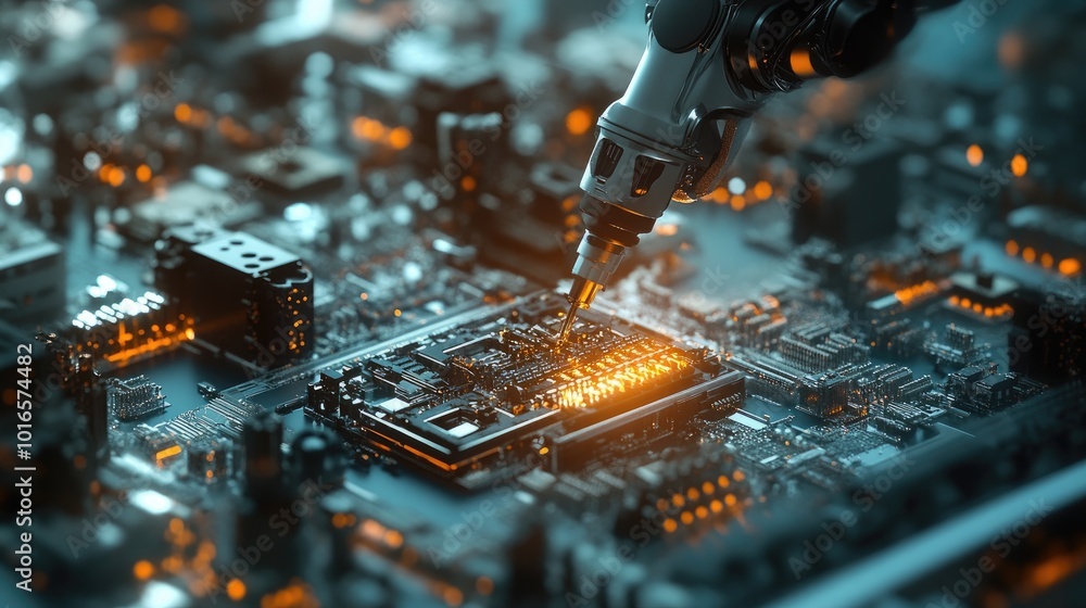 Poster a close-up of a robotic arm assembling electronics in a clean, high-tech factory. perfect for high-r