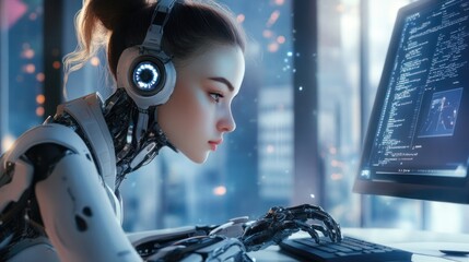 Cyborg with headphones focused on computer screen