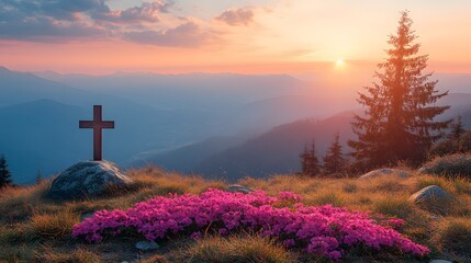 Funeral flyer with religious symbols and a beautiful sunset background