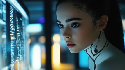 Naklejka premium Essential cyborg intensely examining digital display