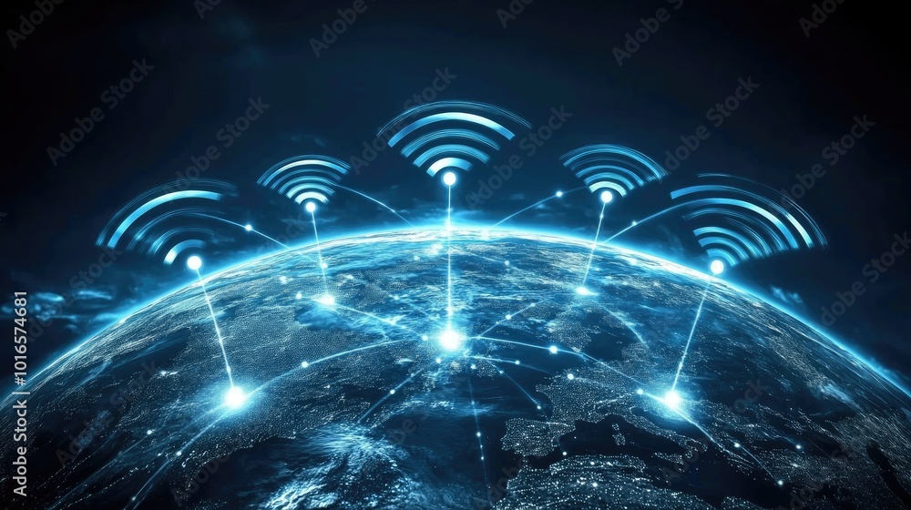 Poster a creative concept of wireless network signals forming a web across the planet, symbolizing global c