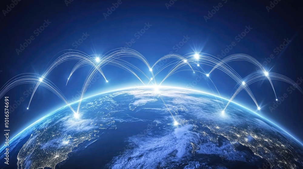 Poster a creative concept of wireless network signals forming a web across the planet, symbolizing global c
