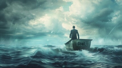 Businessman Navigating Stormy Seas Towards Distant Goal Island Resilience and Determination Concept
