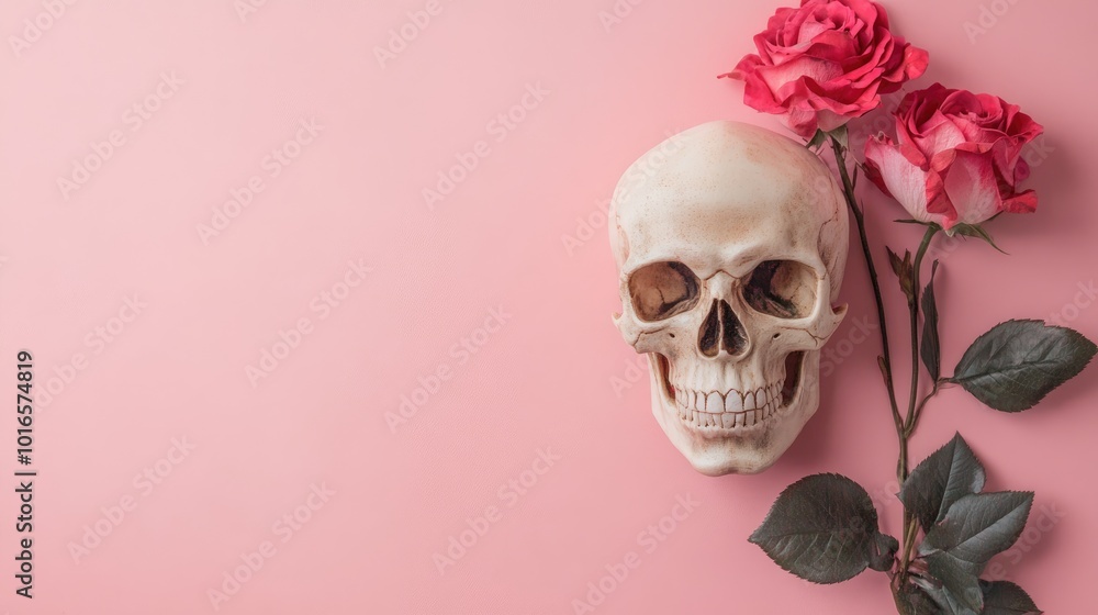 Wall mural Fashion skull with rose in flat lay minimal art style