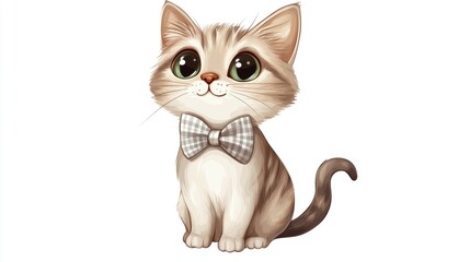 Obraz premium A cute cartoon cat wearing a bow tie, sitting upright on a white background. Isolated clipart ideal for playful and creative designs.