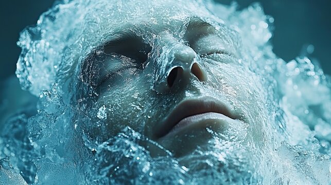 top view of a frozen human encapsulated in ice representing the concept of cryonics and the preservation of life through freezing technology.create by F.a
