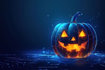 Fototapeta premium Halloween pumpkin with a glowing face on a blue digital background. illustration of Halloween pumpkins and circuit board patterns for a tech company design