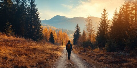 A hiker walking through autumn forest trails, mountains in the background, golden hour
