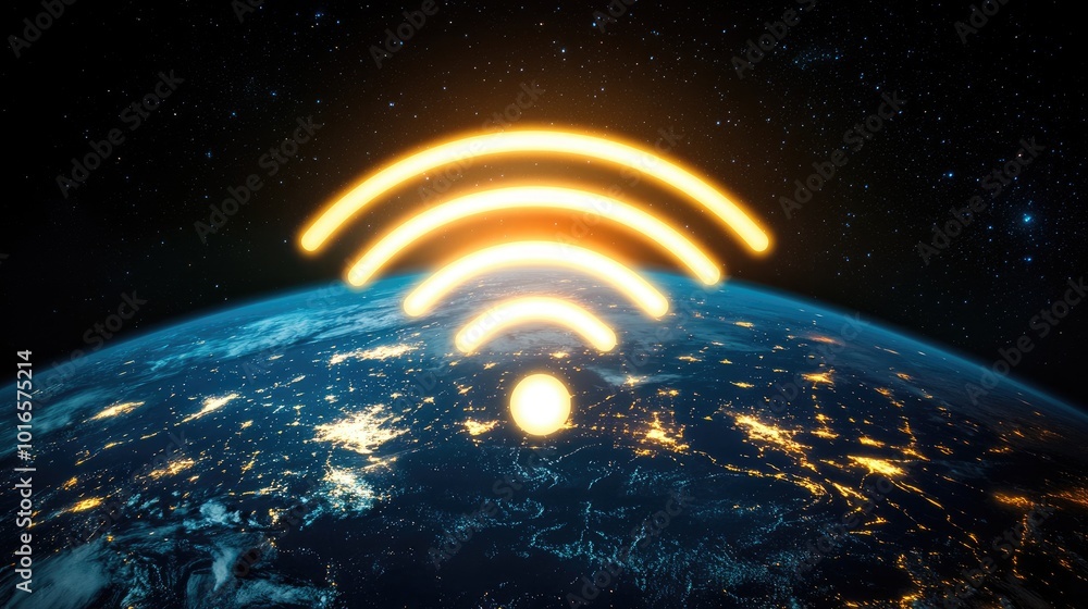 Aufkleber a glowing wireless signal icon overlaid on a satellite view of earth, visualizing global connectivit
