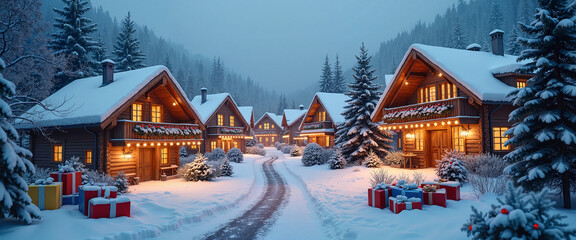 Charming winter village with snow-covered cottages and holiday decorations for festive atmosphere