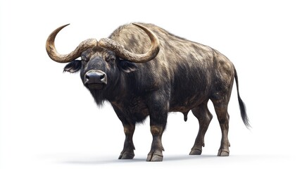 Naklejka premium A majestic buffalo standing tall, detailed fur and horns, isolated on a white background. Perfect for transparent clipart and die-cut designs.