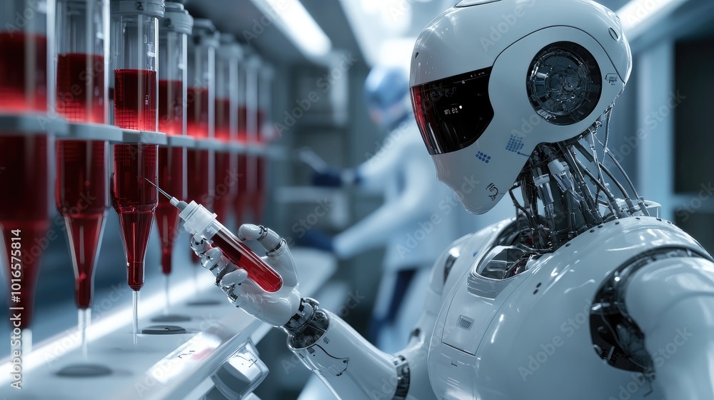 Poster a medical robot performing an automated blood test in a futuristic healthcare lab, improving efficie