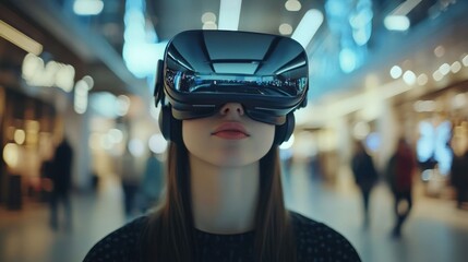 Woman exploring virtual reality with VR headset on