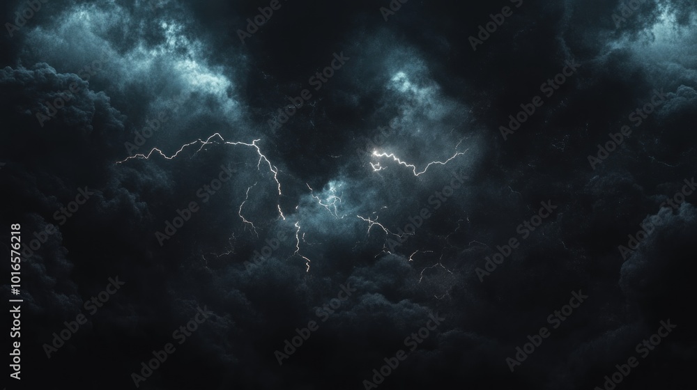 Poster dark storm clouds illuminated by lightning, creating a dramatic and intense atmosphere.
