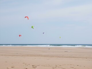 A beach scene with kites flying high in the sky, their bright colors contrasting against the pale blue of a clear summer day
