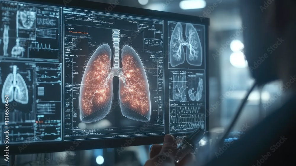 Poster a person examines a digital image of the human lungs on a computer screen.