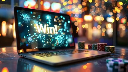 Digital experience: showcasing laptop screen displaying win scenario, emphasizing visual elements of bonus event, reward notification, focusing on interactive success highlights in interface.