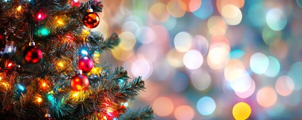 Obraz premium Christmas winter blurred background. Xmas tree with snow decorated with garland lights, holiday festive background. Widescreen backdrop. New year Winter art design, wide screen holiday border. MZ