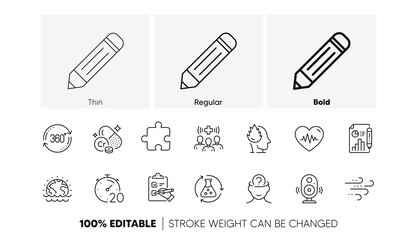 Medical staff, Report document and Disaster line icons. Pack of Windy weather, Heartbeat, Speaker icon. Chromium mineral, Full rotation, Pencil pictogram. Checklist, Timer, Stress. Line icons. Vector