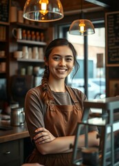 A charming and friendly portrait of a barista next to the register in a third-wave coffee shop.