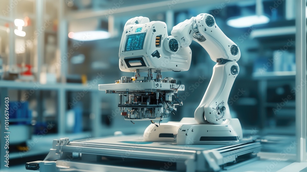 Poster a robot operating a 3d printer in a high-tech factory, showcasing innovation in manufacturing.