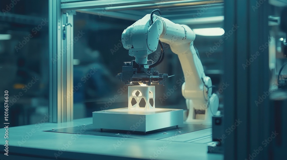 Poster a robot operating a 3d printer in a high-tech factory, showcasing innovation in manufacturing.