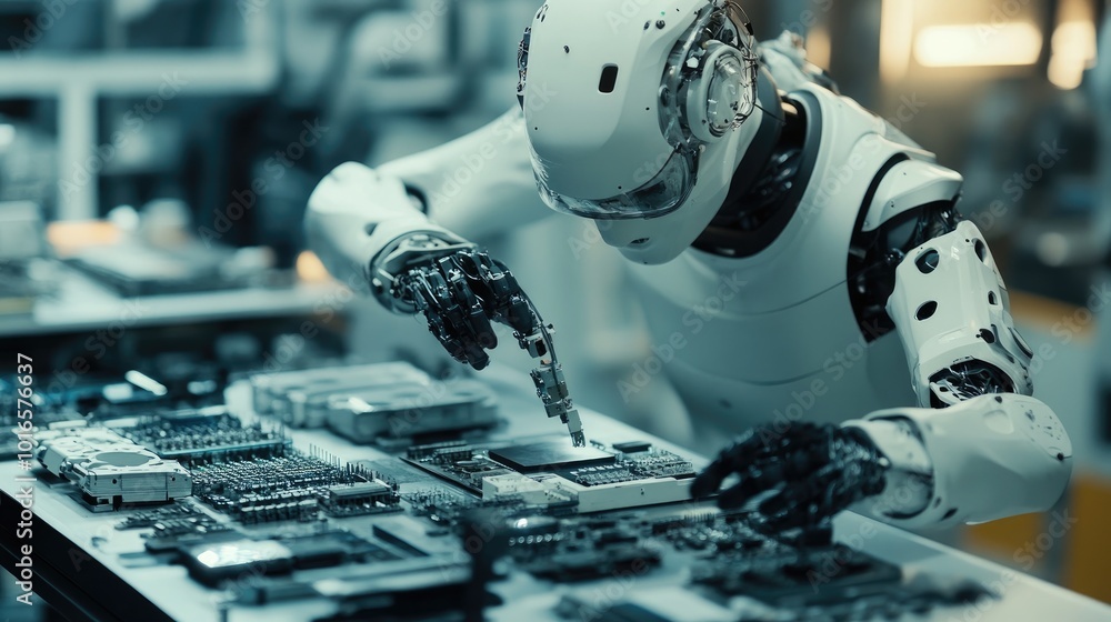 Poster a robot performing delicate assembly of small components in an electronics factory, showcasing preci