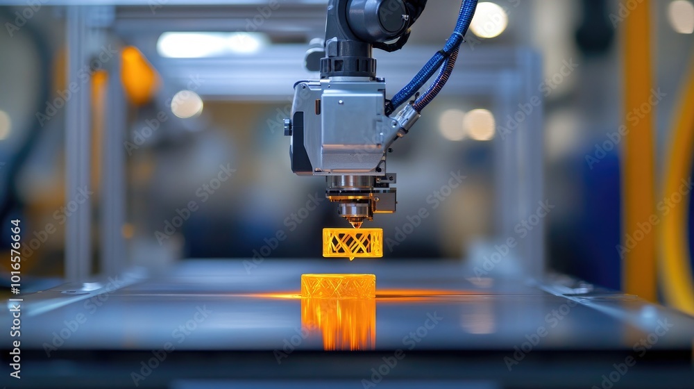 Poster a robot operating a 3d printer in a high-tech factory, showcasing innovation in manufacturing.