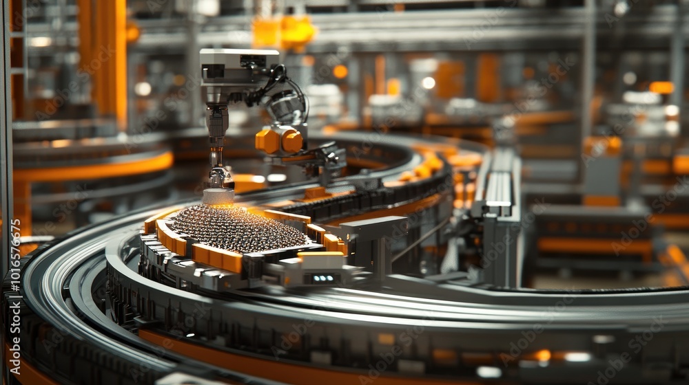 Poster a robot sorting materials on a conveyor belt in a fully automated factory environment. ideal for sho