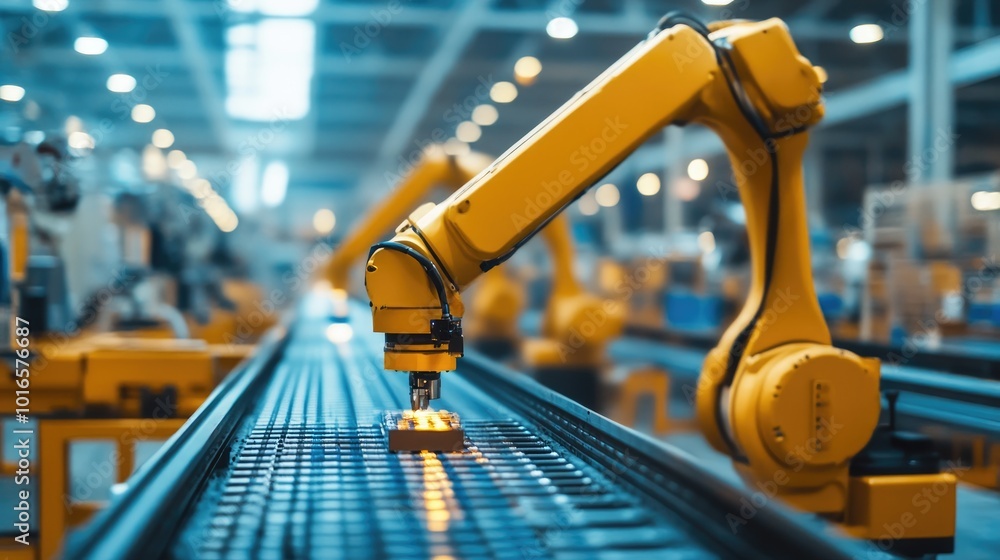 Poster a robot sorting materials on a conveyor belt in a fully automated factory environment. ideal for sho