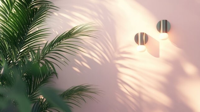 Palm fronds and sleek wall sconces add a tropical yet minimalist vibe to a soft pink background, perfect for stylish interiors.