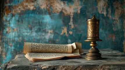South Asian literary scrolls and a traditional brass lamp on an old stone table, vintage atmosphere, copy space