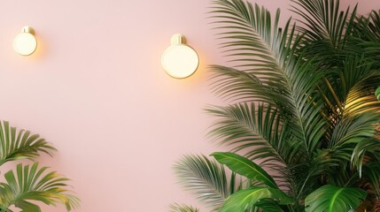 Palm leaves extending over a pastel pink wall illuminated by soft, golden wall lights, perfect for a tropical minimalist setting.