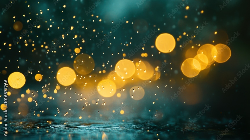 Poster a close-up of raindrops and glowing bokeh lights, creating a dreamy atmosphere.