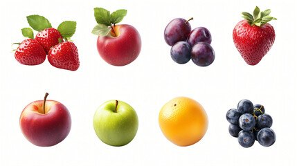 Fototapeta premium A fresh and colorful collection of ripe fruits including apples, peaches, pears, mangoes, strawberries, and berries with leaves, isolated on a white background, perfect for a healthy diet