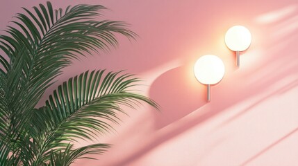 Tropical palm leaves and modern wall lights cast artistic shadows on a clean pink wall, creating an elegant minimalist scene.