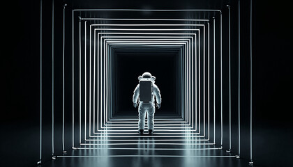 Astronaut staring into rectangular portal concentric frames liminal void tunnel abstract glitch art black background, high detail, centered composition