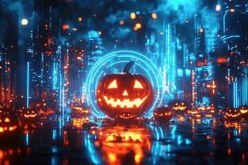 Fototapeta premium A Halloween pumpkin on a dark street, with neon lights in the background