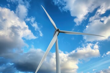 Large white wind turbine with three blades stands tall under clear blue cloudy sky. Central positioning creates balance and symmetry. Low angle emphasizes height, as if reaching towards sky.