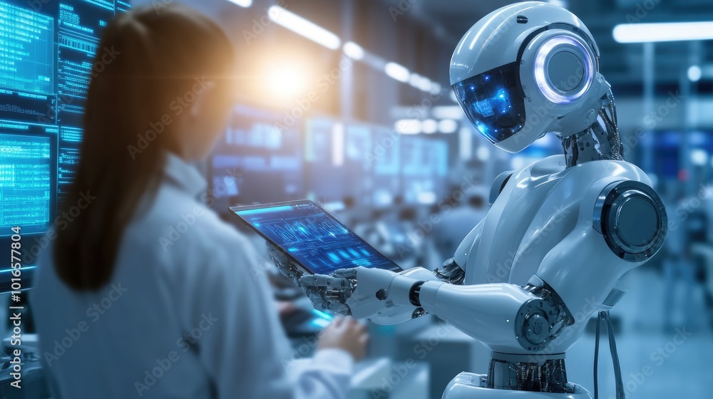 Poster advanced robot working alongside human operators in a high-tech manufacturing facility, highlighting