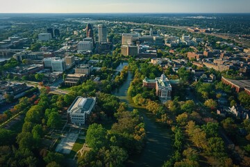 Obraz premium Aerial view of Richmond cityscape with river dividing modern, traditional architecture. Buildings of varying heights, designs flank river. Clear blue sky provides serene backdrop to urban landscape.