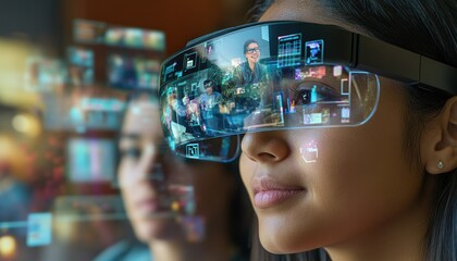 Woman using AR glasses with digital interfaces visible.