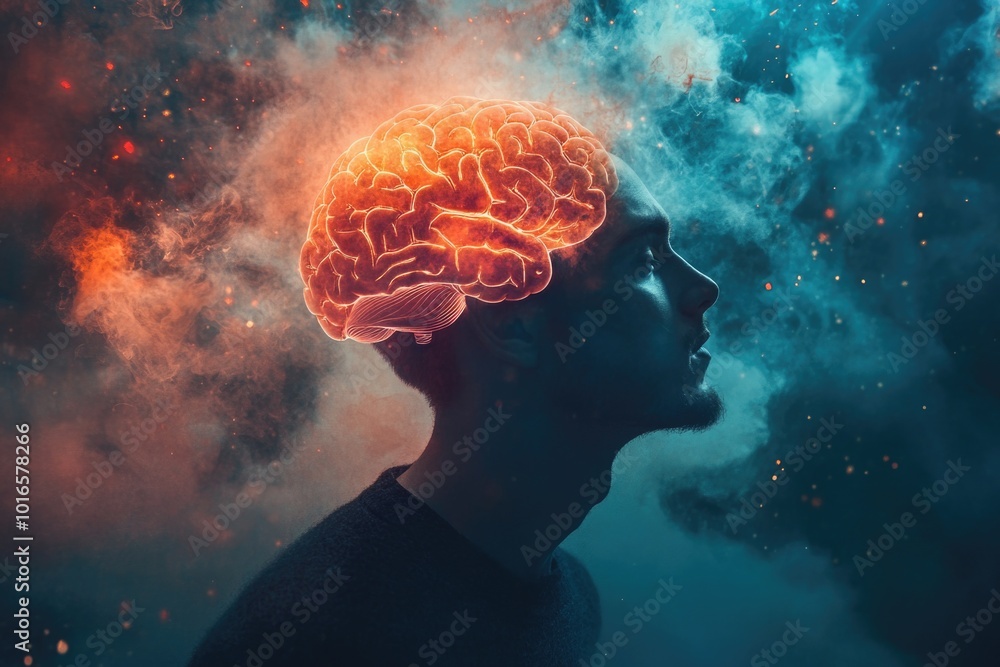 Poster A person with an illuminated brain, ideal for science fiction or futuristic concepts.