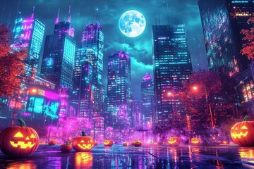 Halloween pumpkins, dark background, cartoon style, vibrant colors, glowing eyes, hyper-realistic illustrations, vibrant comics, dark blue and purple tones