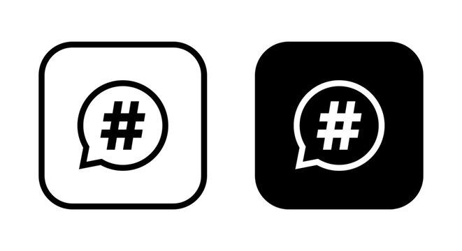 Hashtag speech bubble icon on black square. Social media element