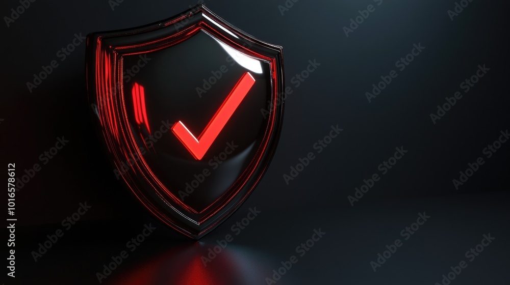 Poster a simple black shield featuring a red tick mark, suitable for various designs and concepts.