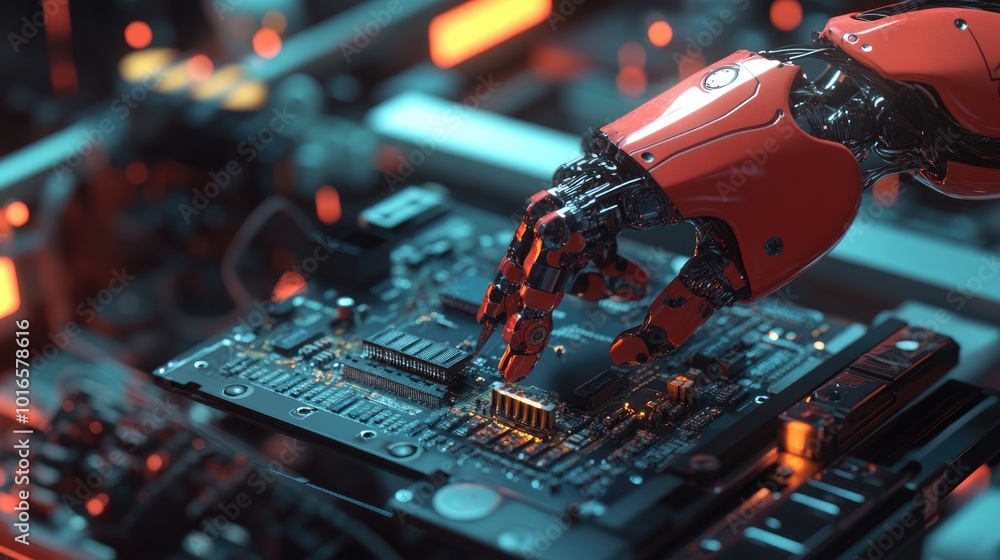Poster close-up shot of a robotic arm placing components on a circuit board in a highly automated factory s
