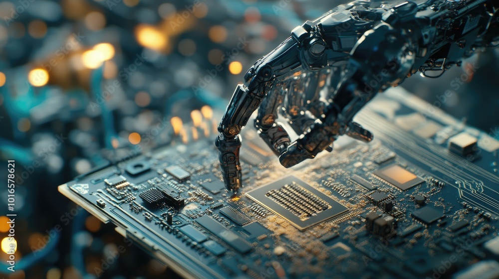 Poster close-up shot of a robotic arm placing components on a circuit board in a highly automated factory s